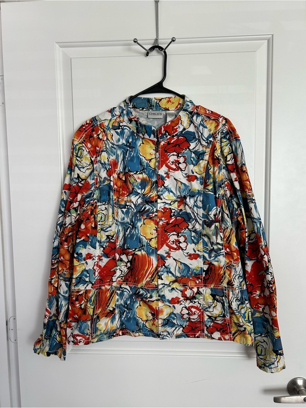 Chico's Abstract Floral Zip Front Lightweight Jacket Coat Multi-Color